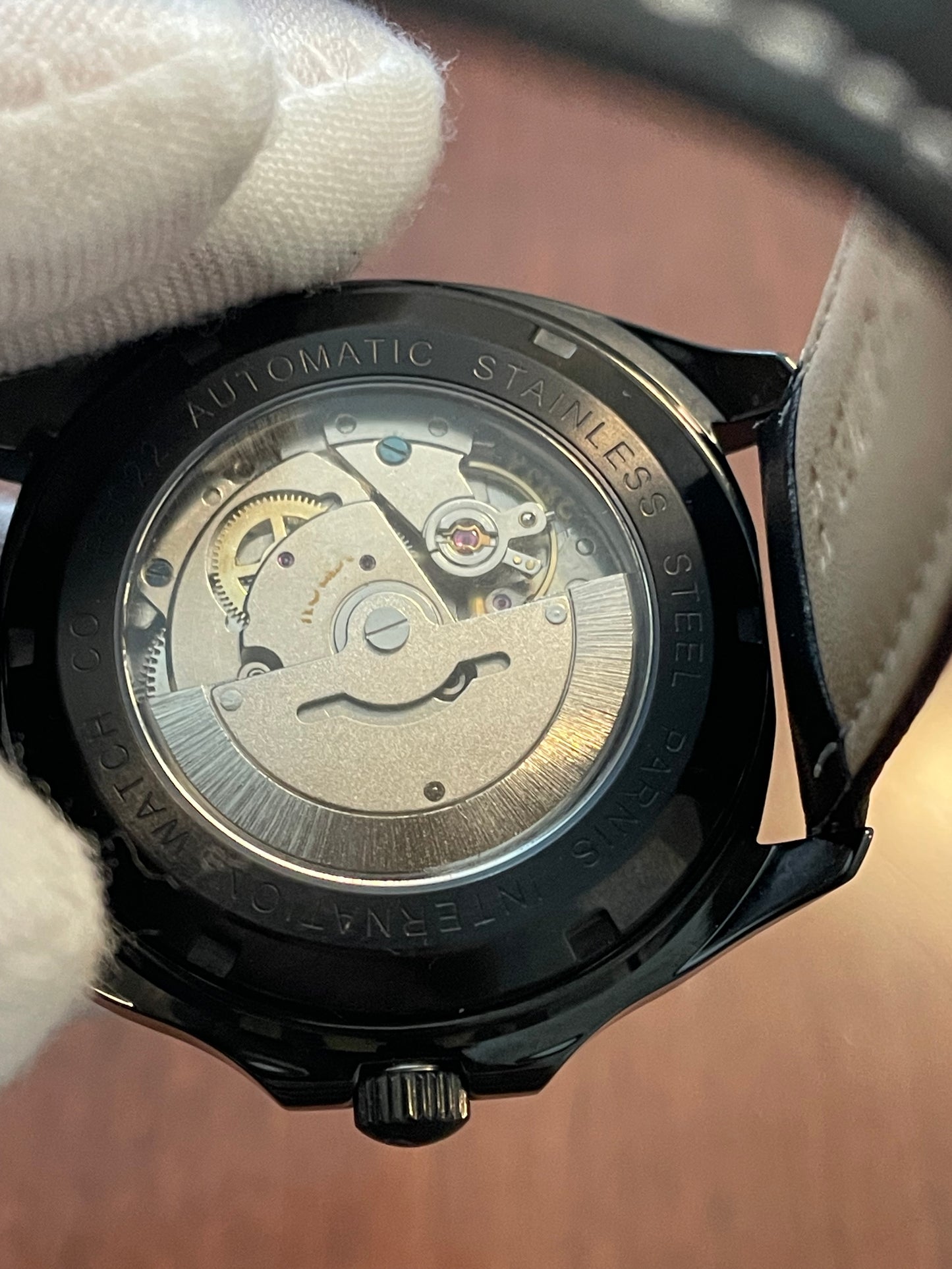Custom Made Automatic Movement Black Case Open Case Back Wristwatch