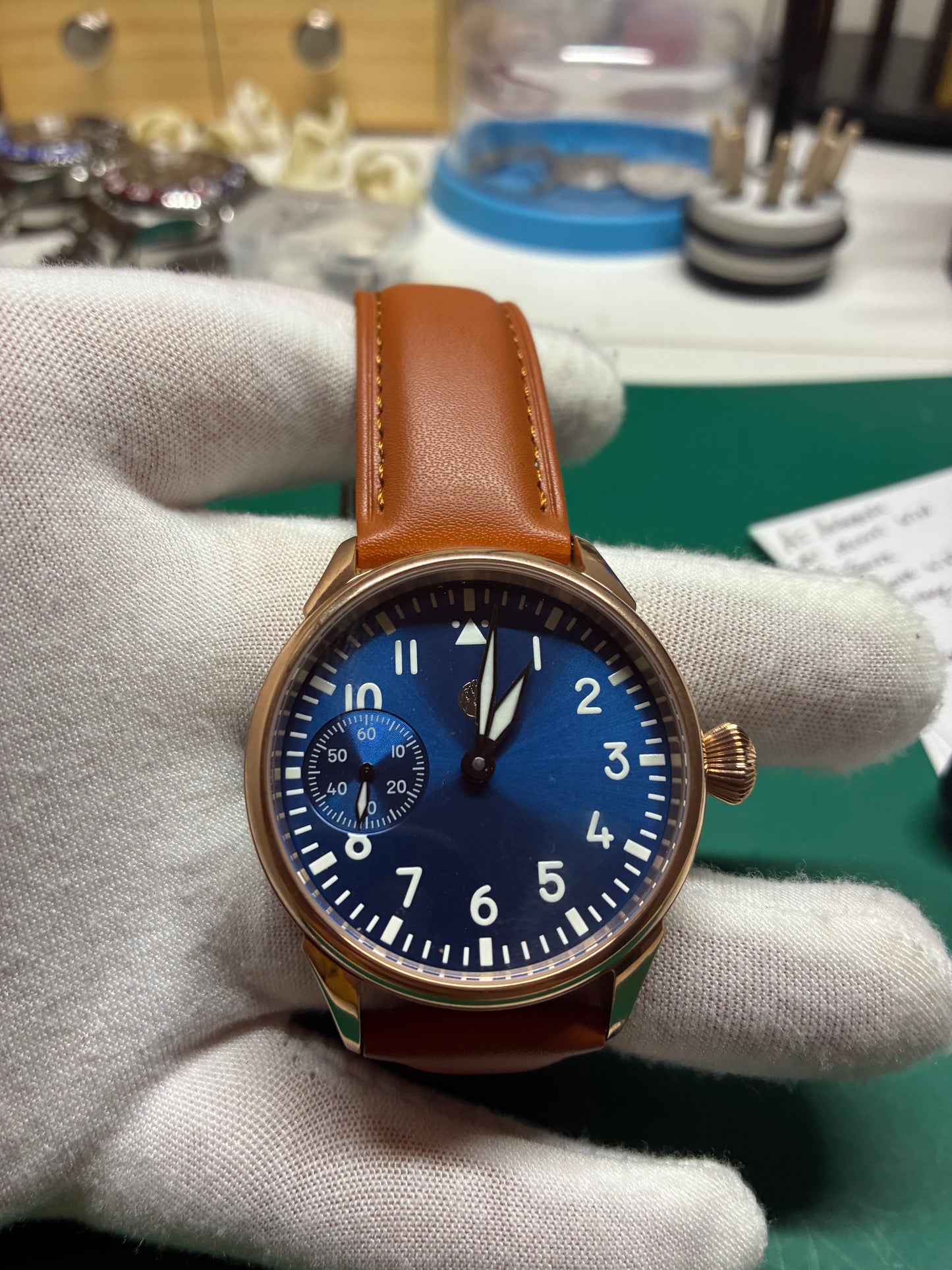 Midnight Bear Watch Co. 42mm Rose Gold Tone Manual Wrist Watch Blue Dial